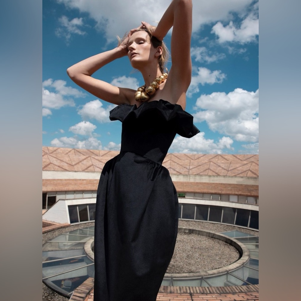 Kika Vargas — Black Micro Velvet Midi Dress - Small - NWT